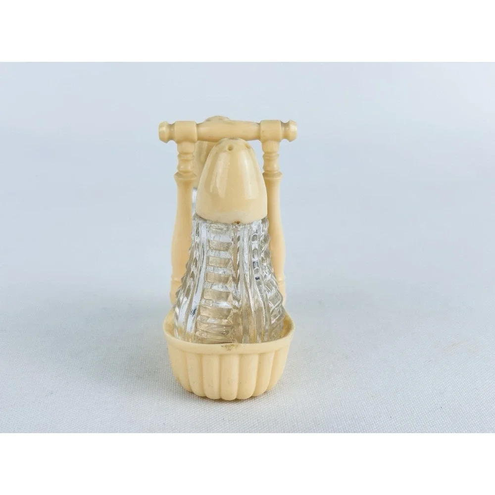 Vintage White/Cream LAPIN Glass Salt & Pepper w/ Plastic Basket Holder Retro MCM